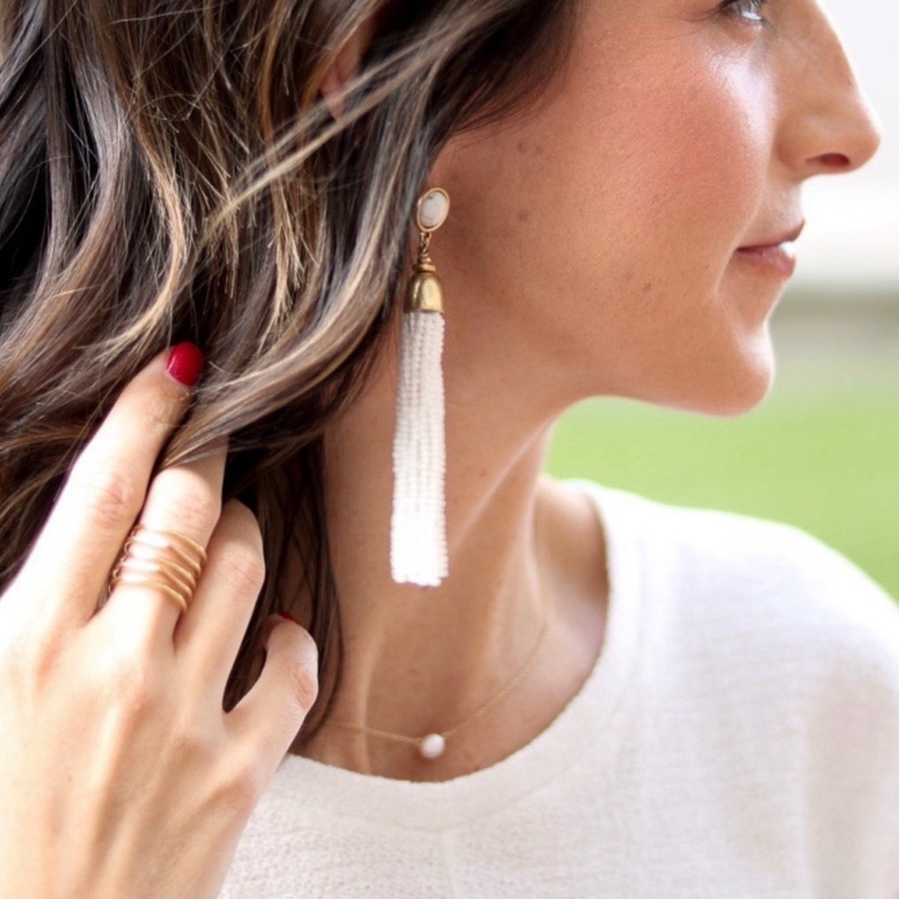 Stella & Dot Women’s Gita Beaded Tassel Gold/White Marble Long Dangling Earrings